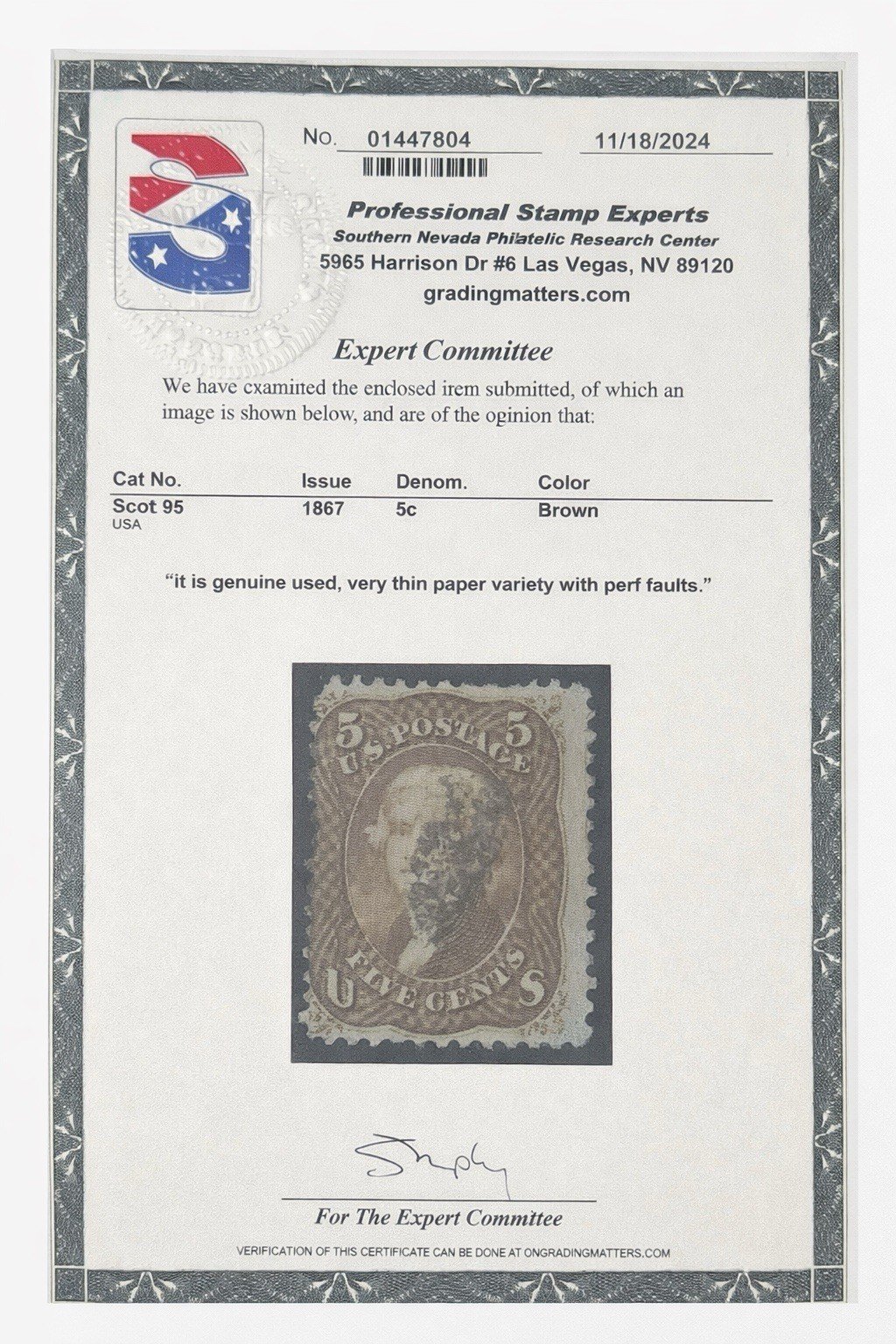 US Stamps Scott #95 5c Jefferson F Grill  Used