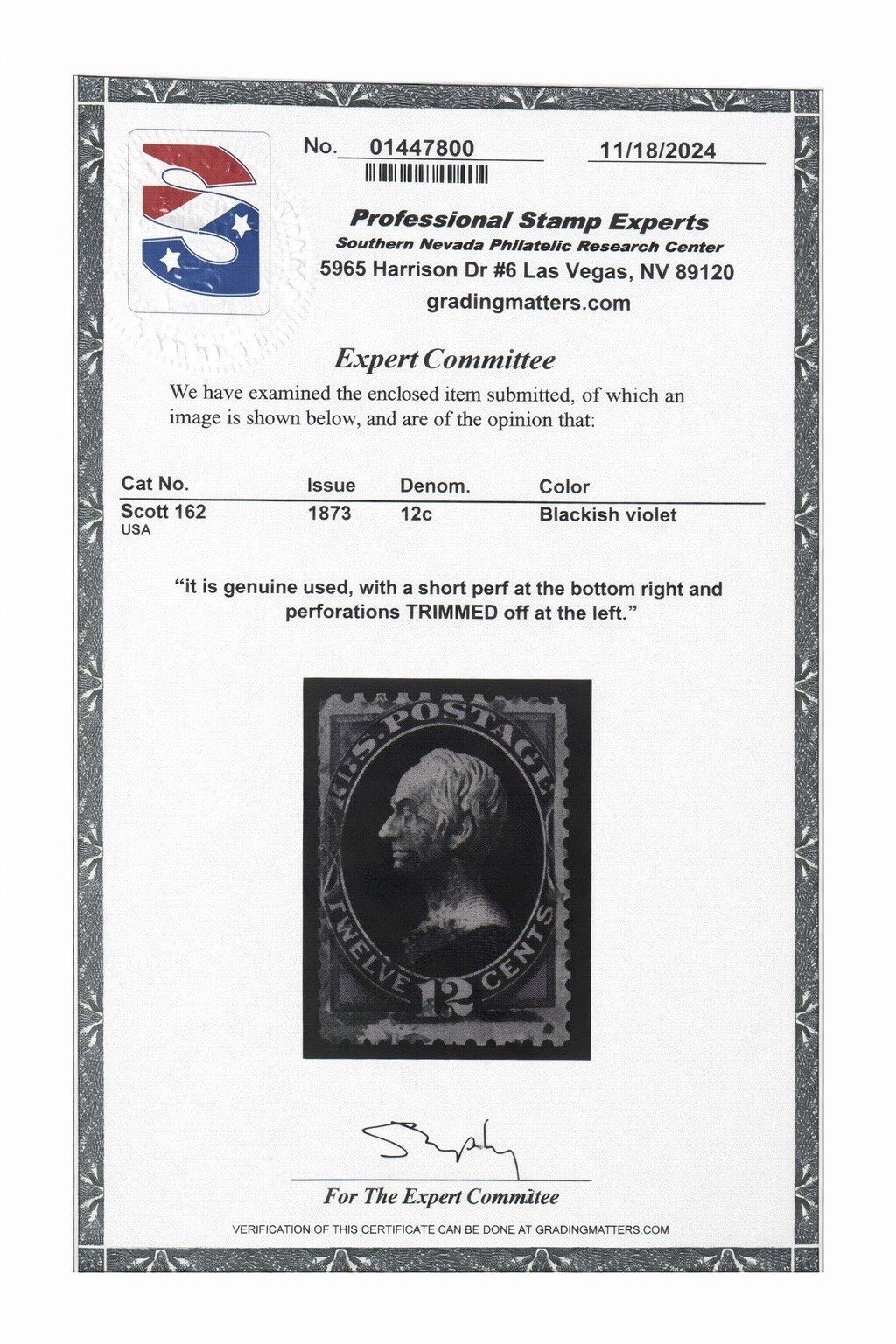 US Stamp Scott 162 1873 12c Blackish Violet Used PSE Cert Trimmed Perf Faults