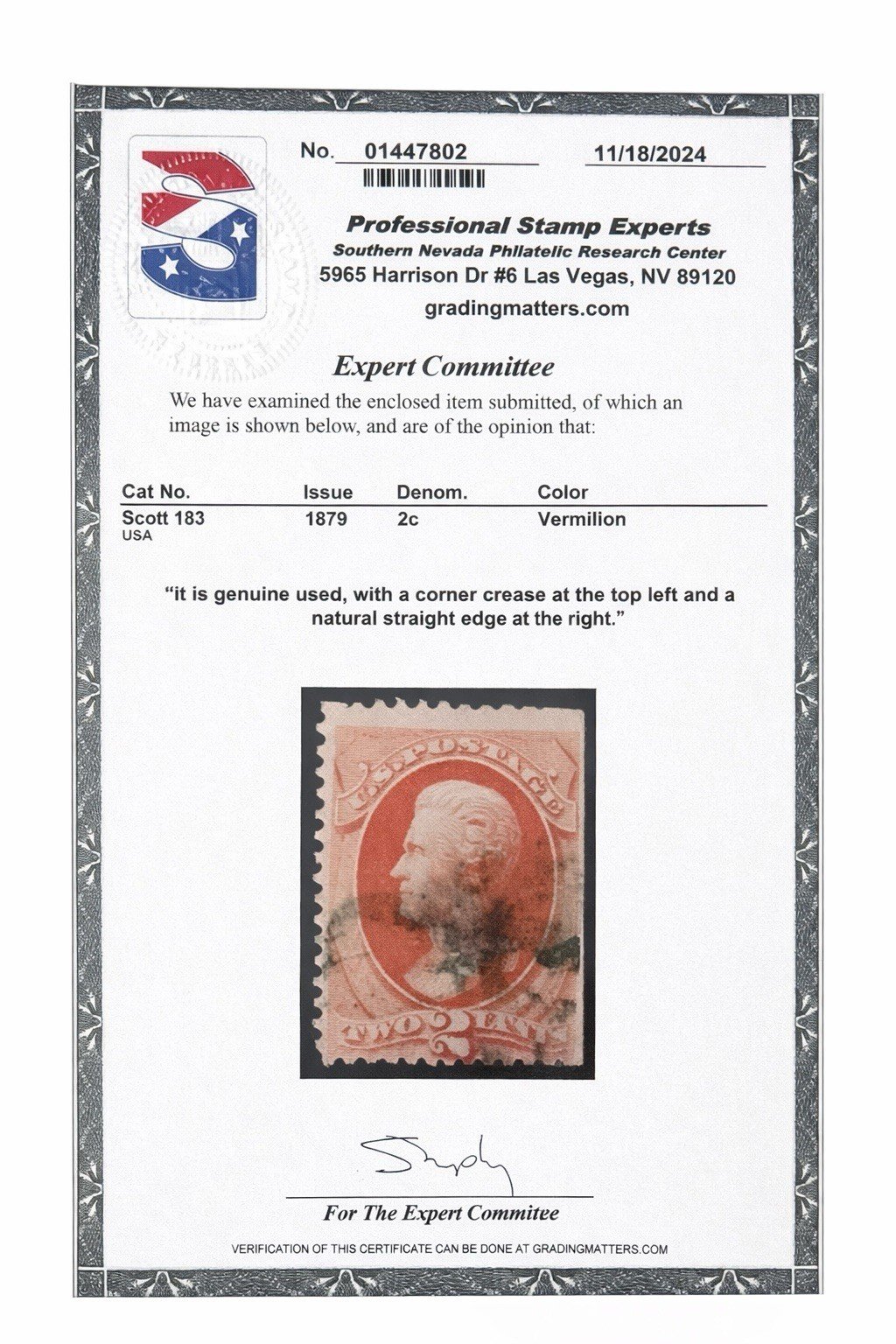 US Stamp Scott# 183 Used PSE Certificate