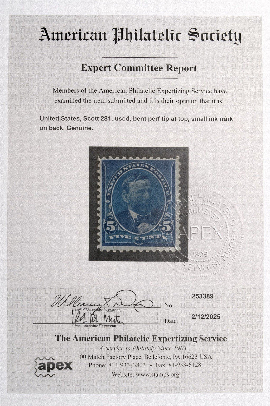US Scott # 281 unused M/H 5 cent stamp APEX Certification