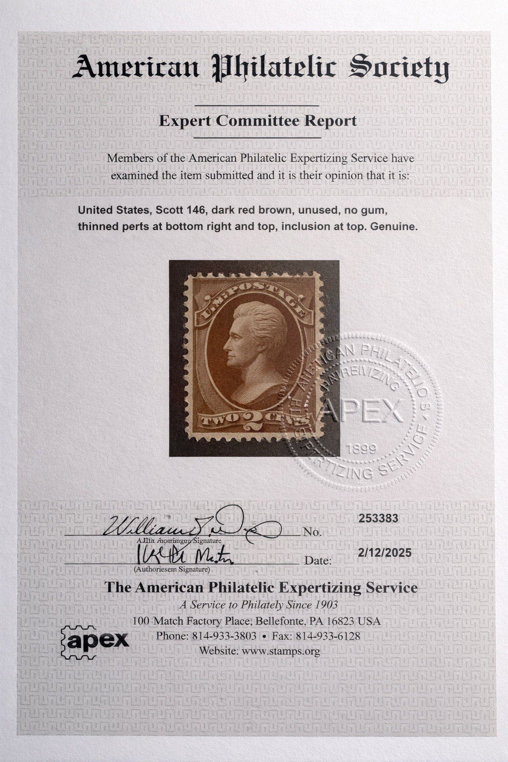 US Scott #146 red brown 2 cent Jackson, Unused APEX Certification