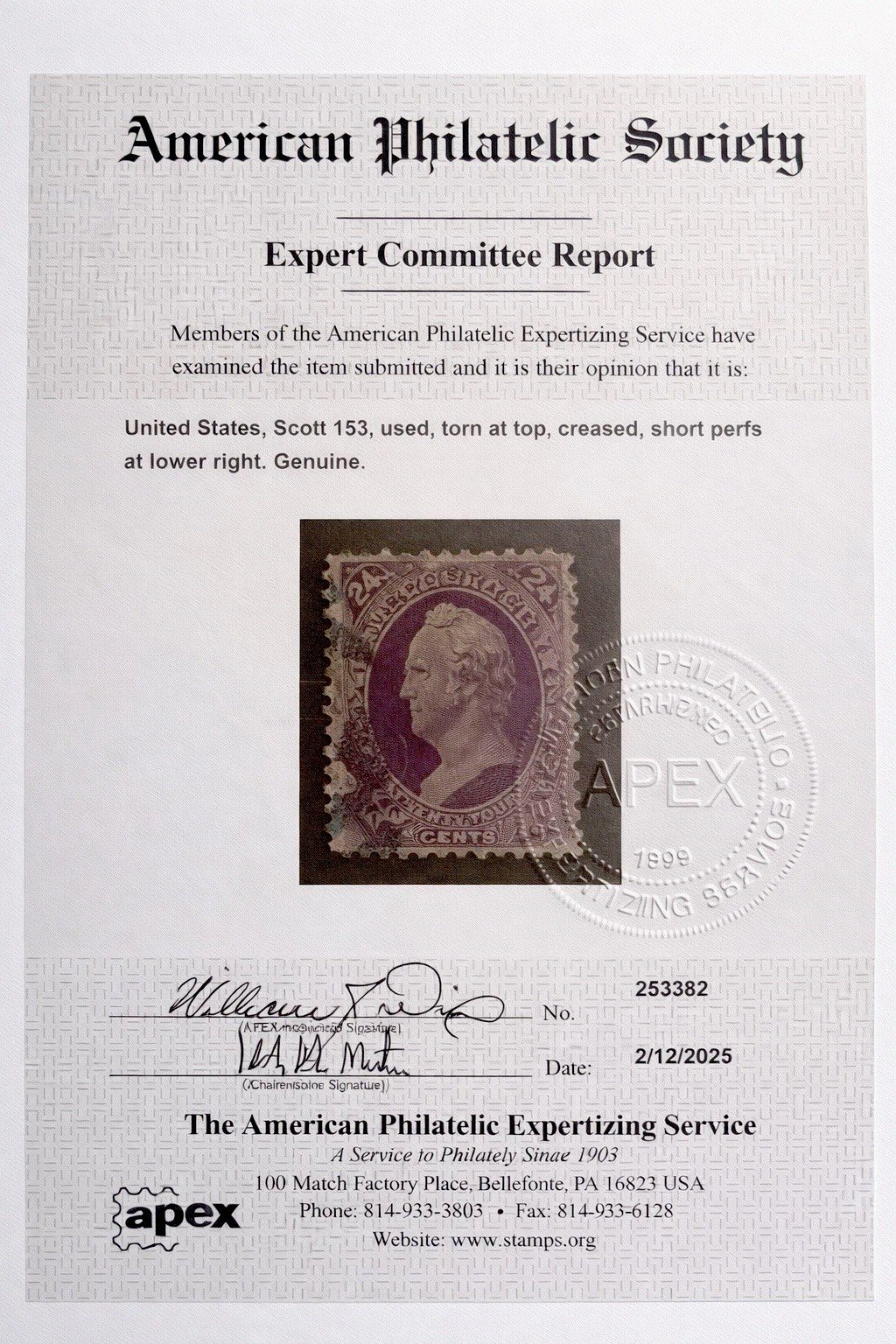 US Scott #153 Used Stamp APEX Certification