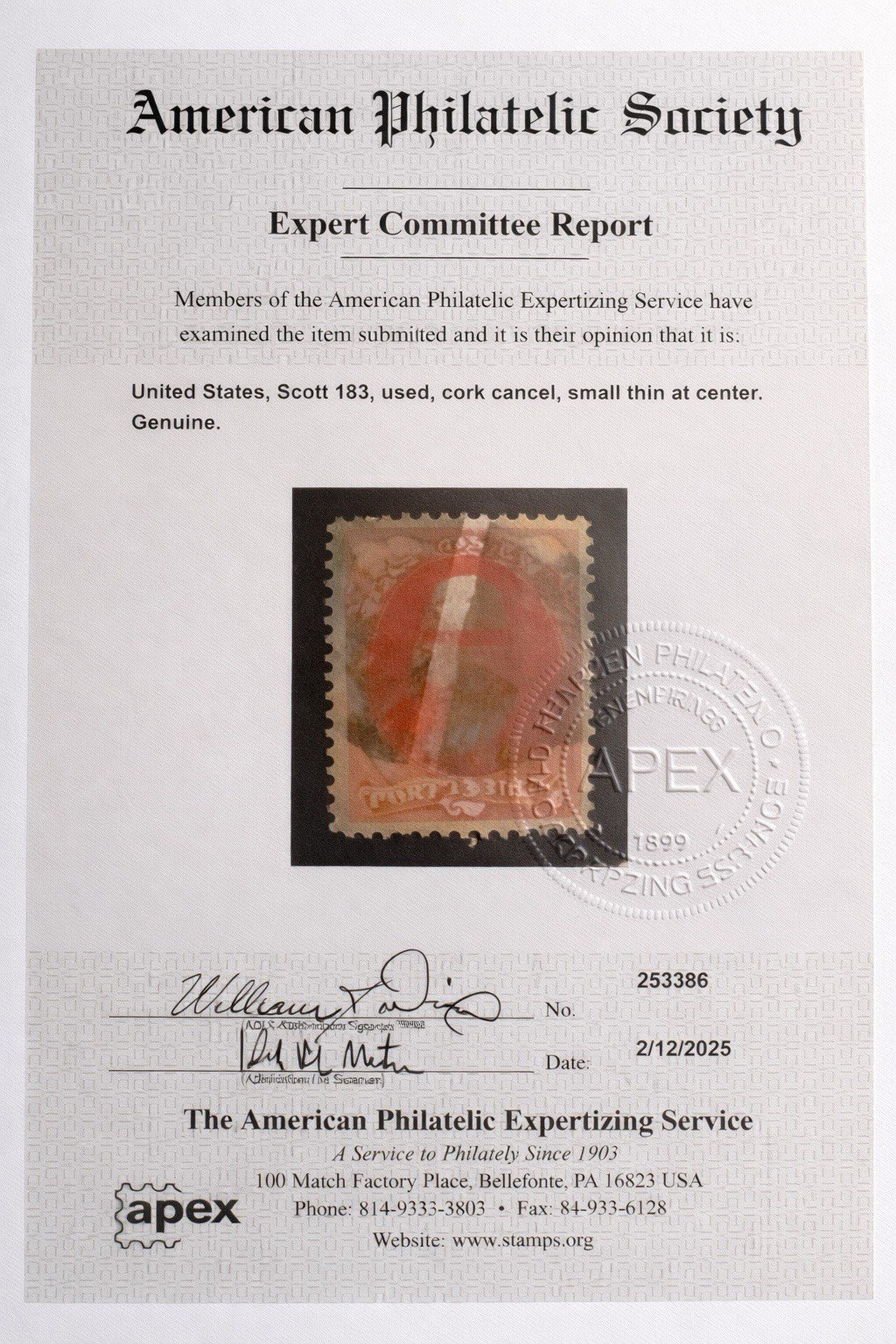 US stamp scott # 183 used APEX Certificate