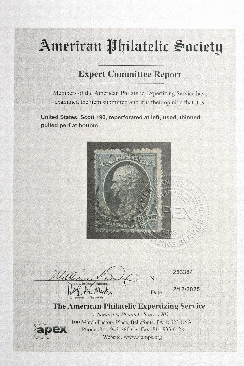 USA Scott # 190 Used APEX Certificate