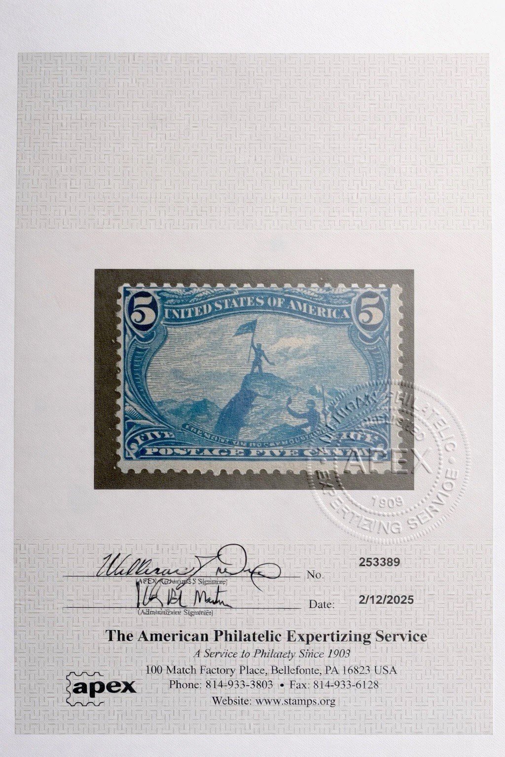 US Stamp 1898 Scott # 288 Unused APEX Certificate
