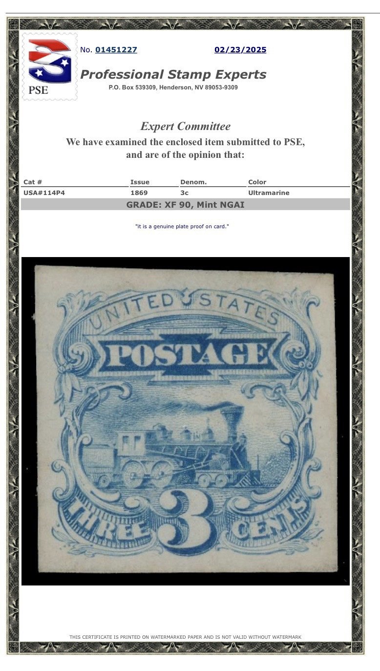 USA Scott # 114P4 - NGAI 3 Cent Stamp PSE Certificate Grade 90