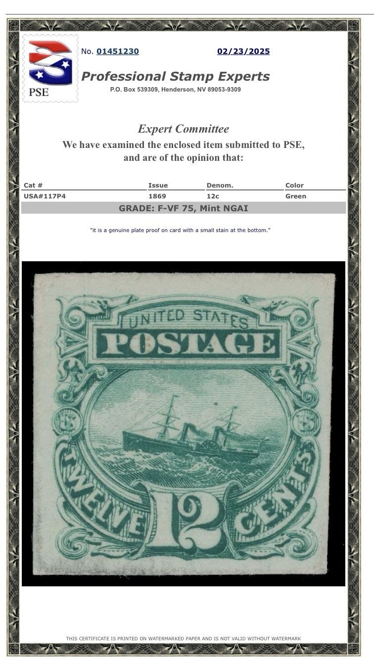 USA Scott # 117P4 12 Cent Stamp PSE Certificate NGAI Grade 75