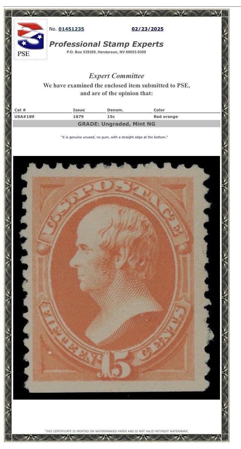 USA Scott #189 15 Cent Red Orange Stamp PSE Certificate