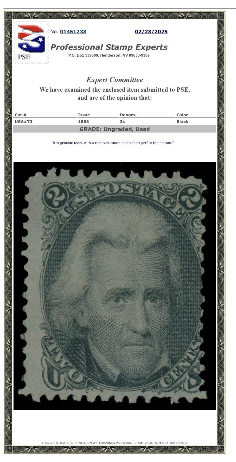 USA Scott # 73 Used 2 Cent Black PSE Certificate NGAI