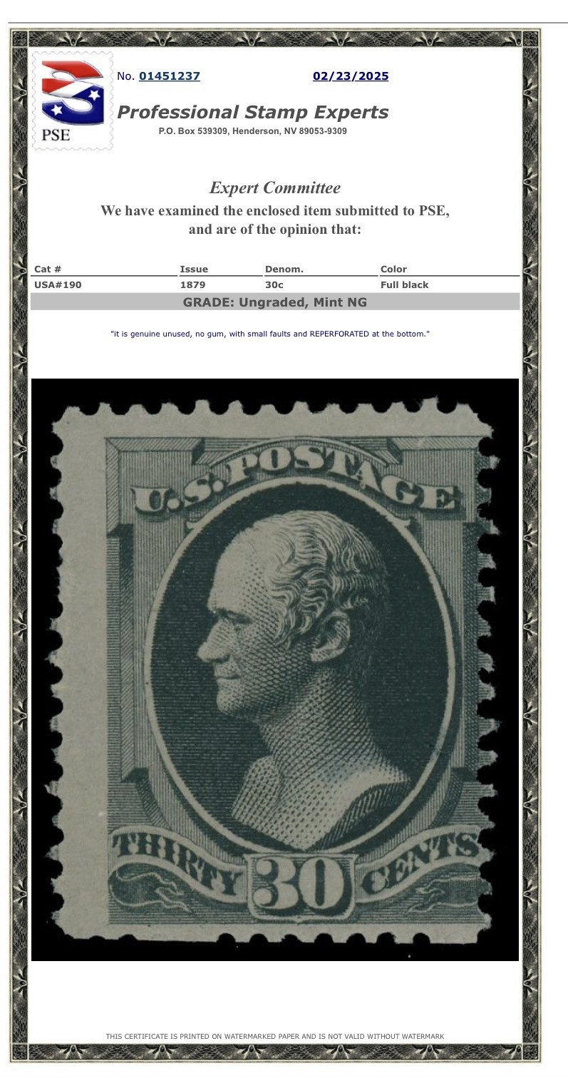 USA Scott # 190 Stamp 30 Cent Full Black PSE Certificate