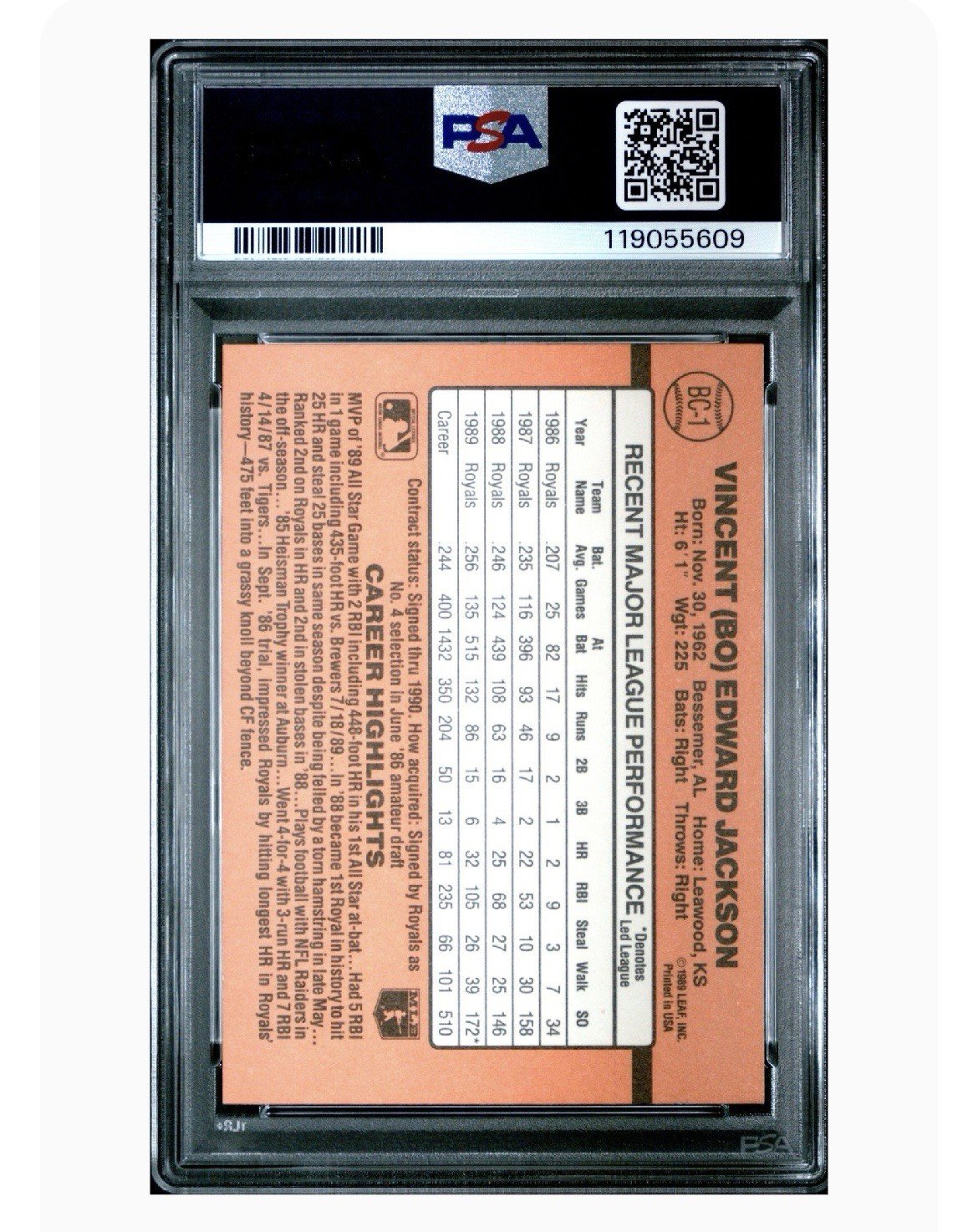1990 DONRUSS MVP BO JACKSON P8A #BC-1 EX 5 photo 2