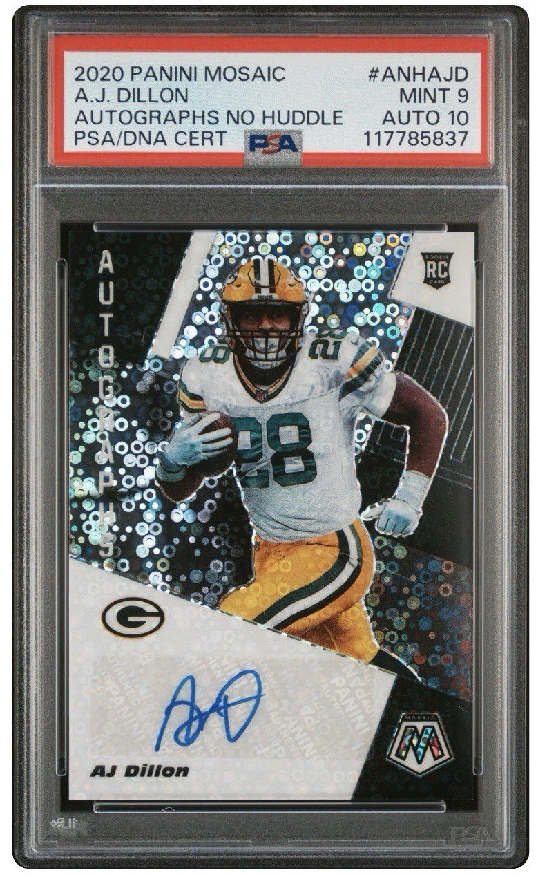 2020 Panini Mosaic - Autographs No Huddle AJ Dillon #ANHAJD  Rookie Grade 9 / 10