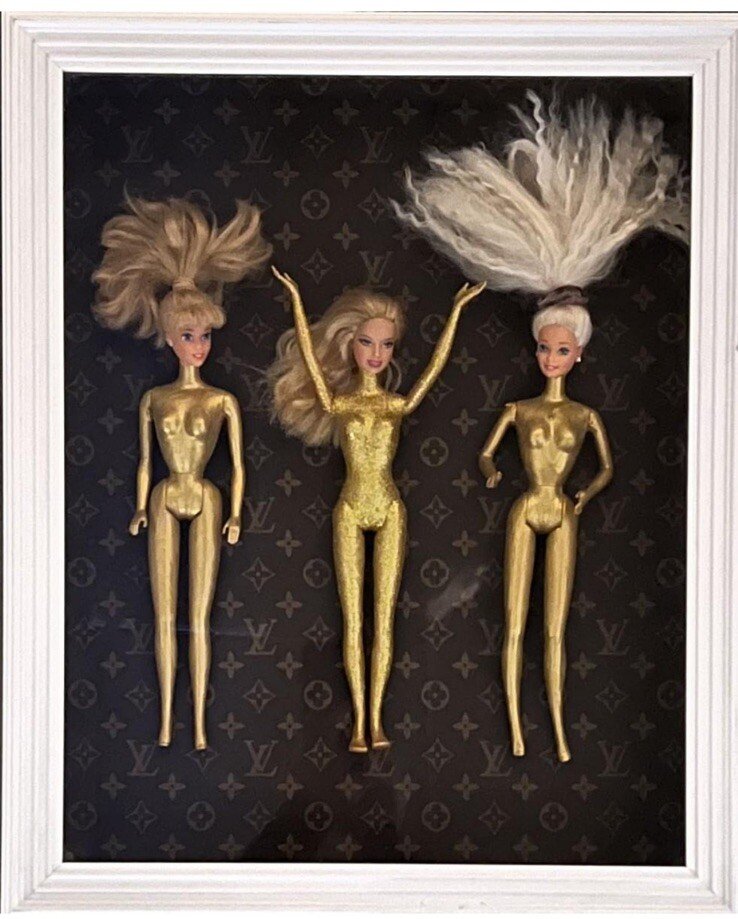 Gold Barbie Doll Shadow Box Wall Art 3 Doll Display Unique Handmade Decor photo 3