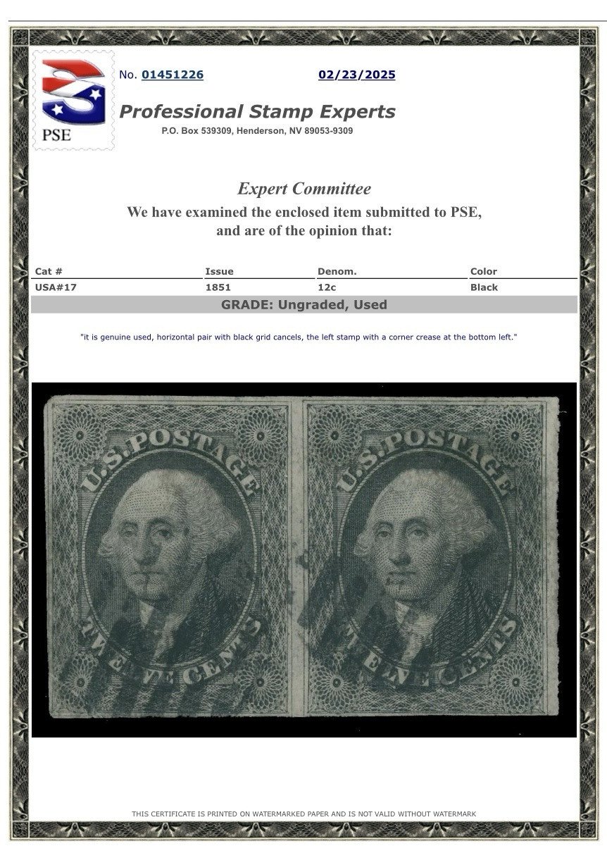 USA Stamps Scott #17 PR 12c Washington Used PSE Certification