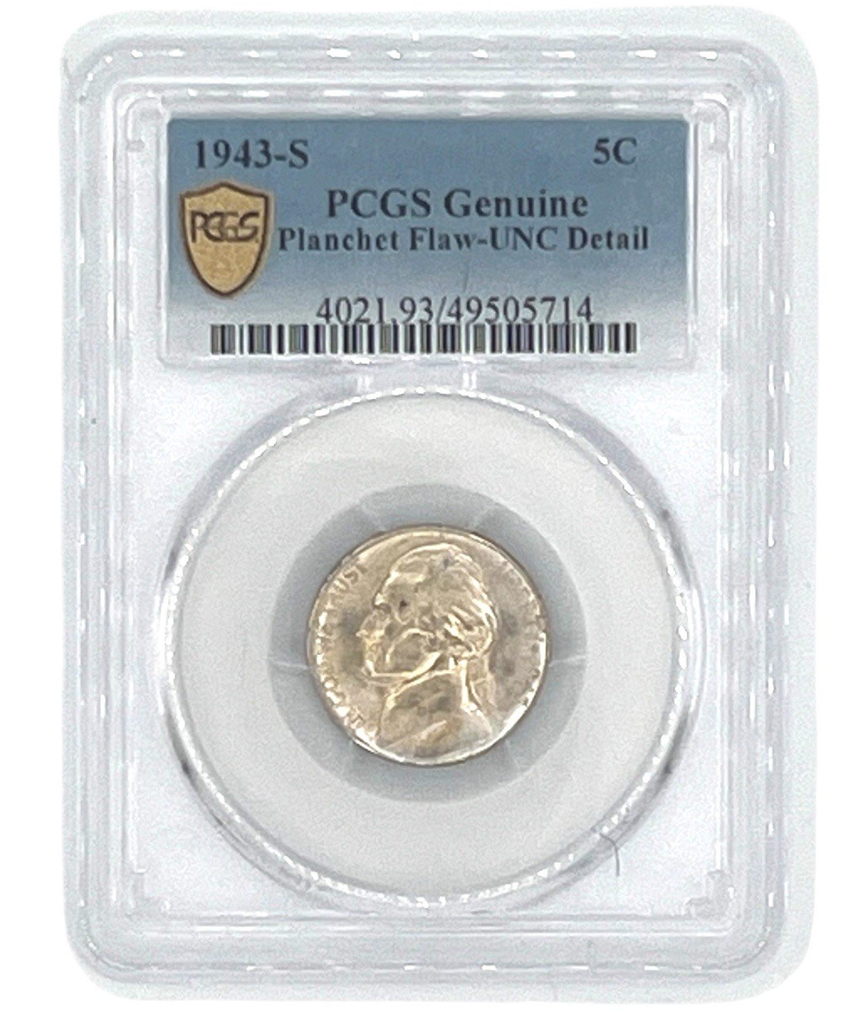 1943-S Jefferson War Nickel PCGS Genuine Planchet Flaw UNC Details Error Coin