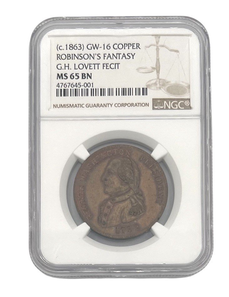 1863 GW-16 Robinson’s Fantasy Copper Token NGC MS65 BN G.H. Lovett Fecit