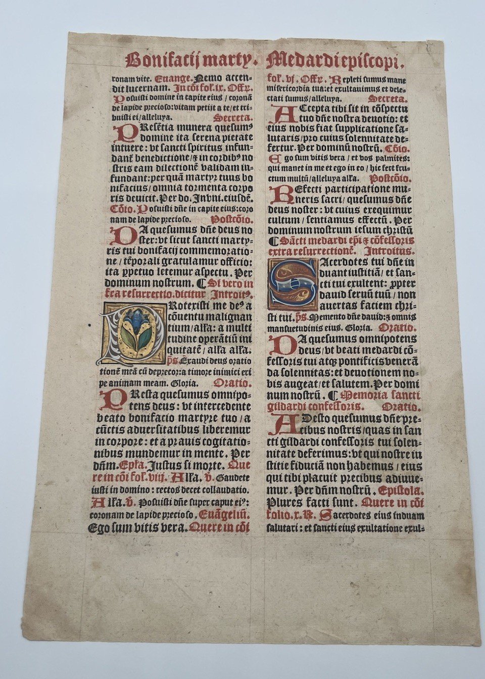 C1540 Illuminated Latin Missal Leaf St Boniface Gold Initials # 1050