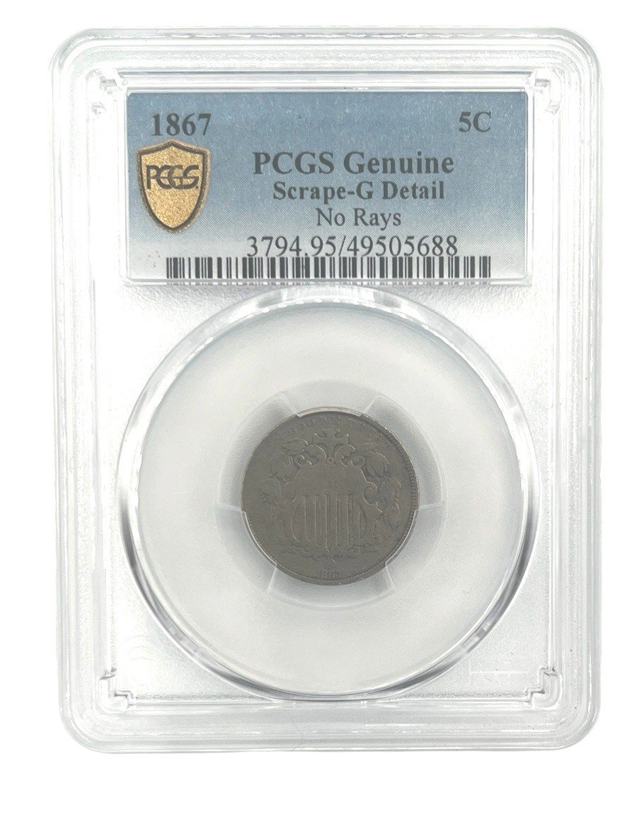 1867 Shield Nickel No Rays PCGS Genuine G Detail Scrape