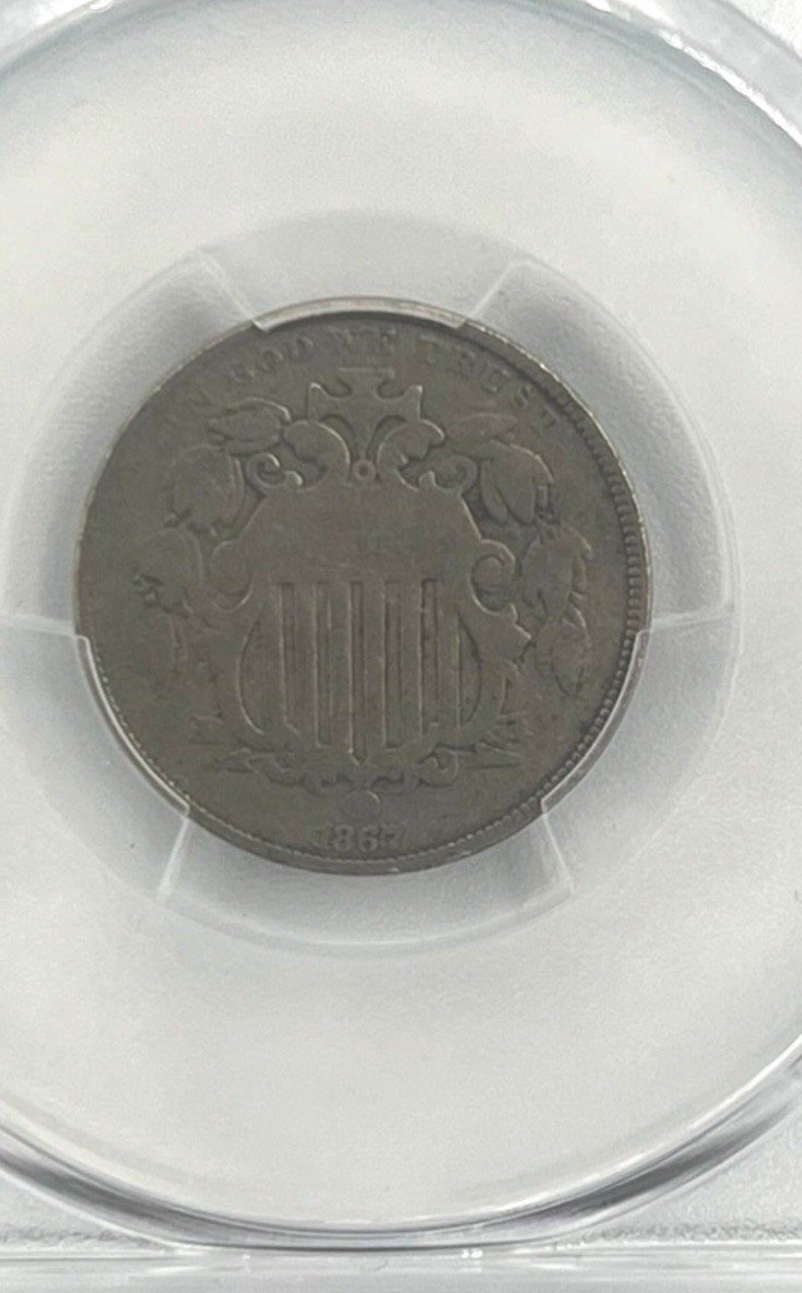 1867 Shield Nickel No Rays PCGS Genuine G Detail Scrape photo 3