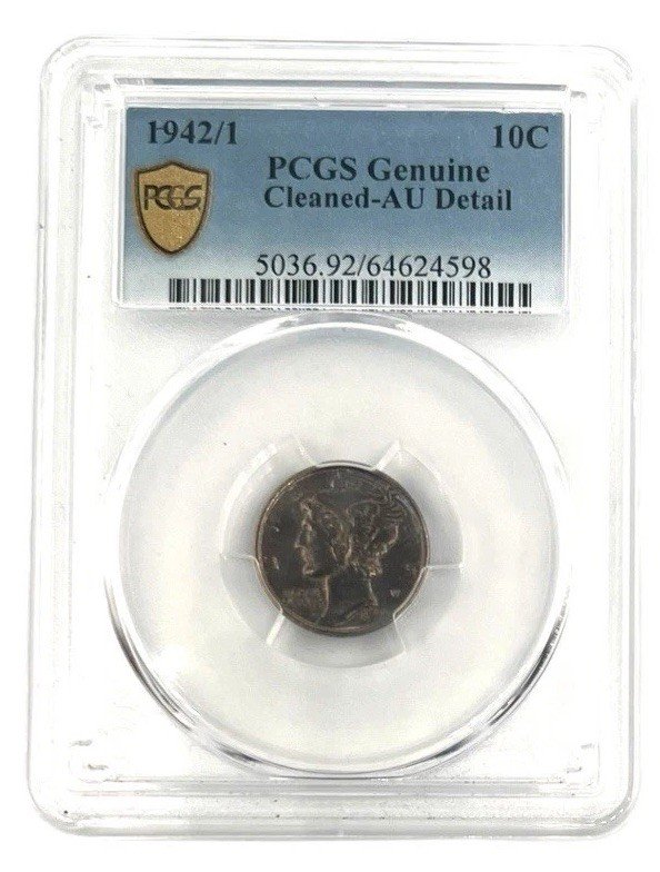 PCGS Genuine AU Details Cleaned 1942/1 Mercury Dime Overdate Key Variety