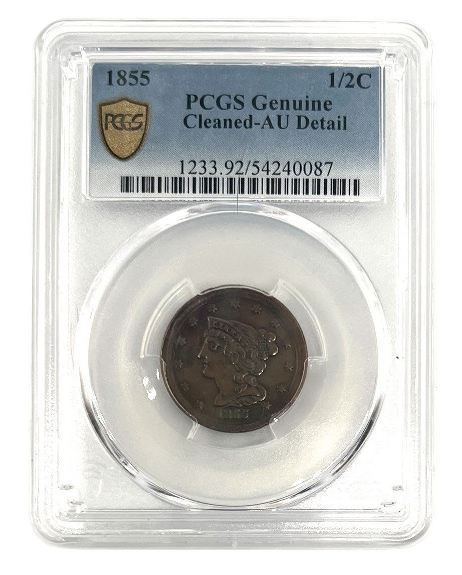 1855 Braided Hair Half Cent, PCGS Genuine Cleaned–AU Detail