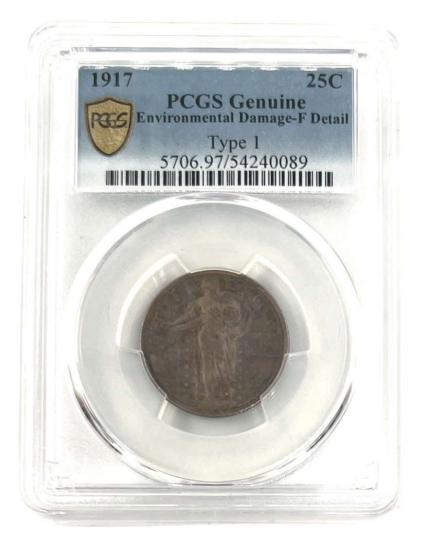 1917 Type 1 Standing Liberty Quarter PCGS Genuine F Details Environmental Damage
