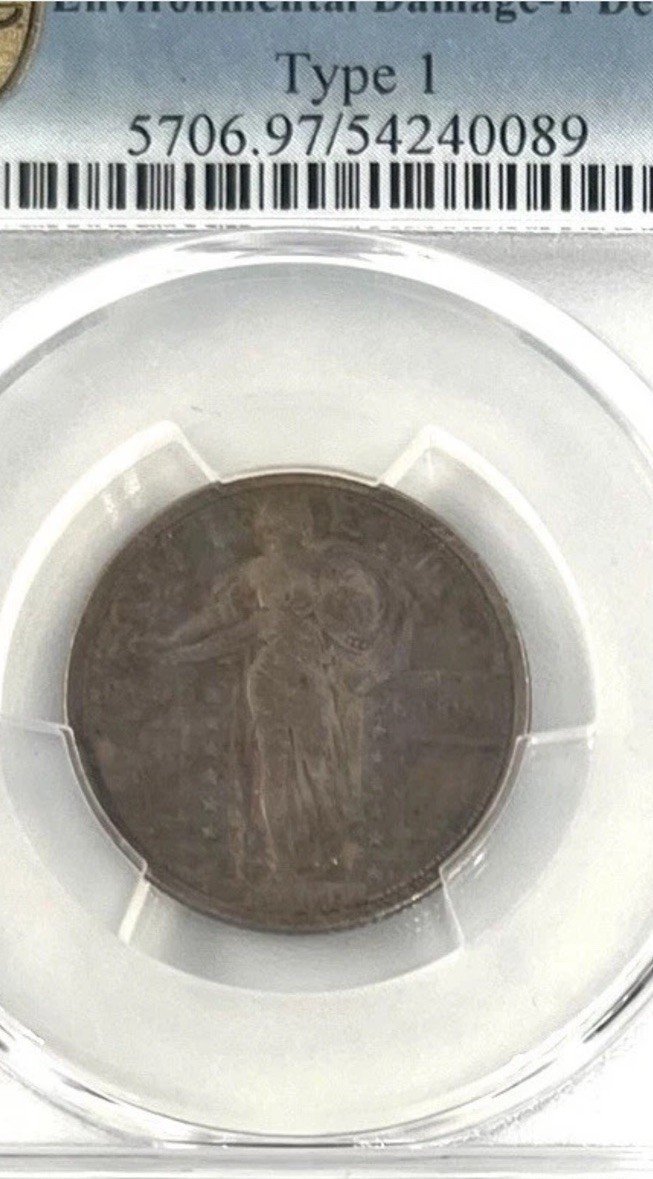 1917 Type 1 Standing Liberty Quarter PCGS Genuine F Details Environmental Damage photo 3