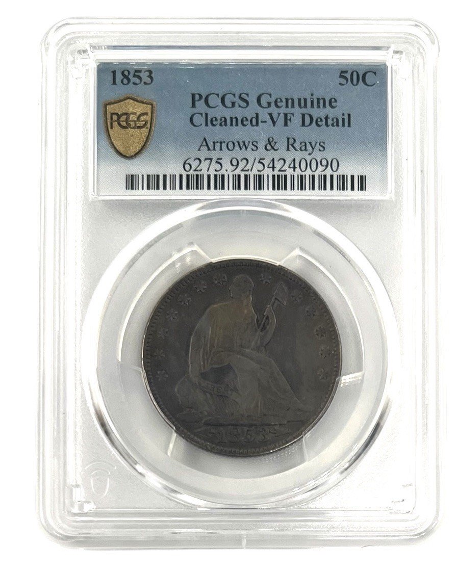 1853 Arrows & Rays Seated Liberty Half Dollar PCGS Genuine VF Details Cleaned