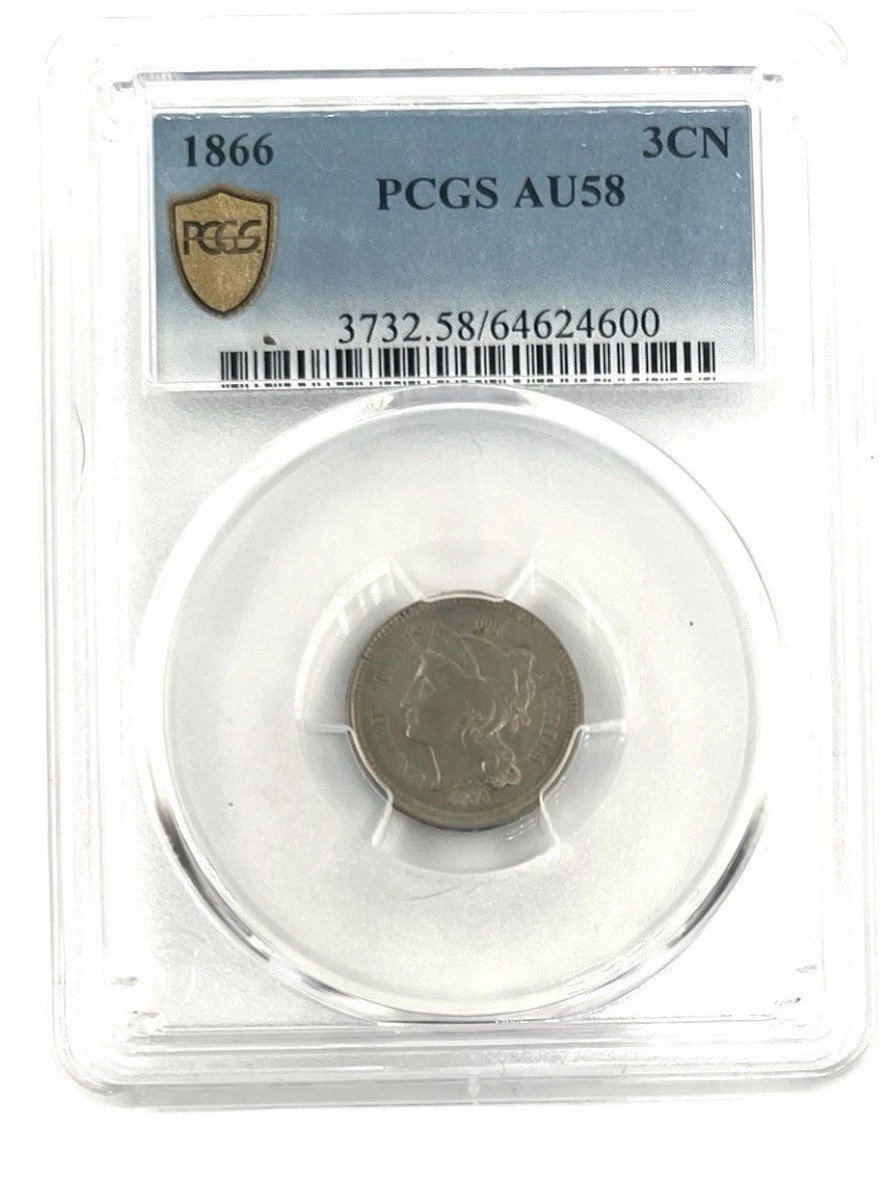 1866 Three Cent Nickel PCGS AU58 Choice AU Civil War Era 3CN