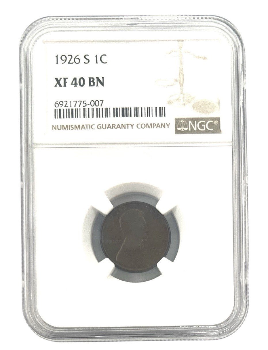 1926-S Lincoln Wheat Cent NGC XF40 BN Key Date Better Date San Francisco Penny