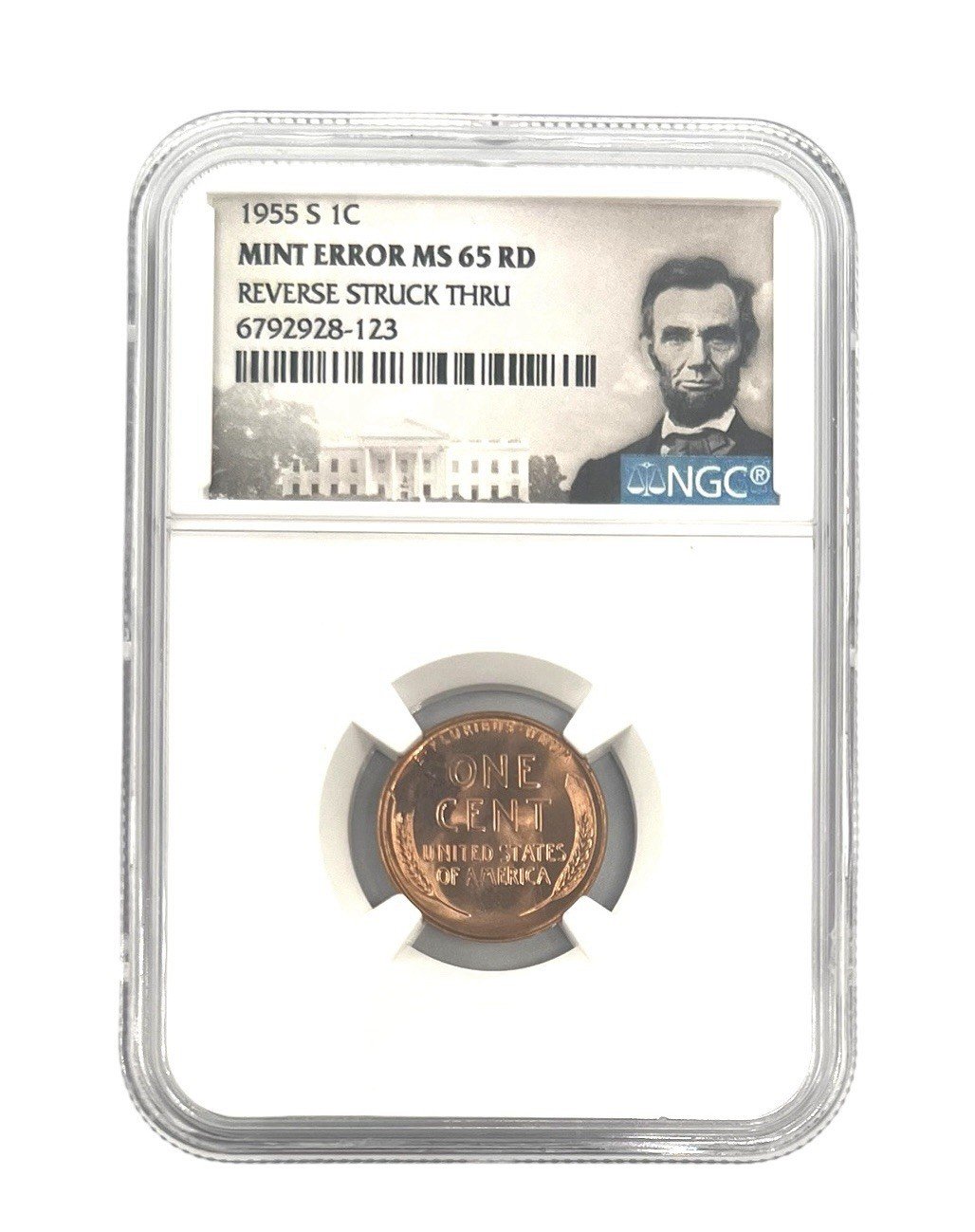 1955-S Lincoln Cent NGC MS65 RD Reverse Struck Through Mint Error