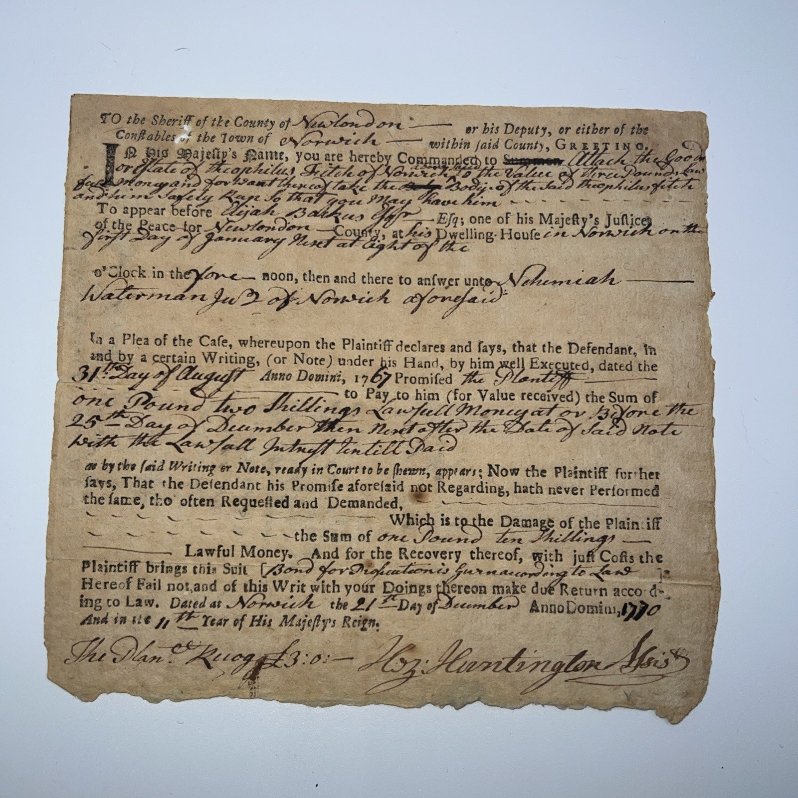 1770 Colonial Norwich CT Court Writ Waterman v Fitch Signed # 1051