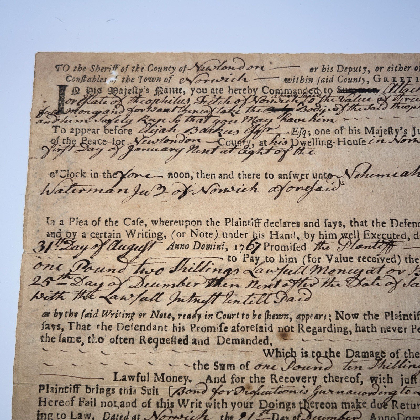 1770 Colonial Norwich CT Court Writ Waterman v Fitch Signed # 1051 photo 2