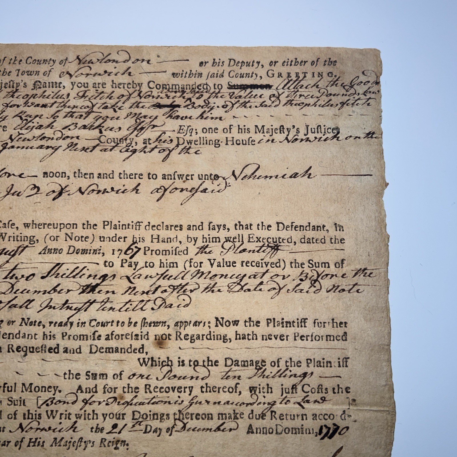 1770 Colonial Norwich CT Court Writ Waterman v Fitch Signed # 1051 photo 3