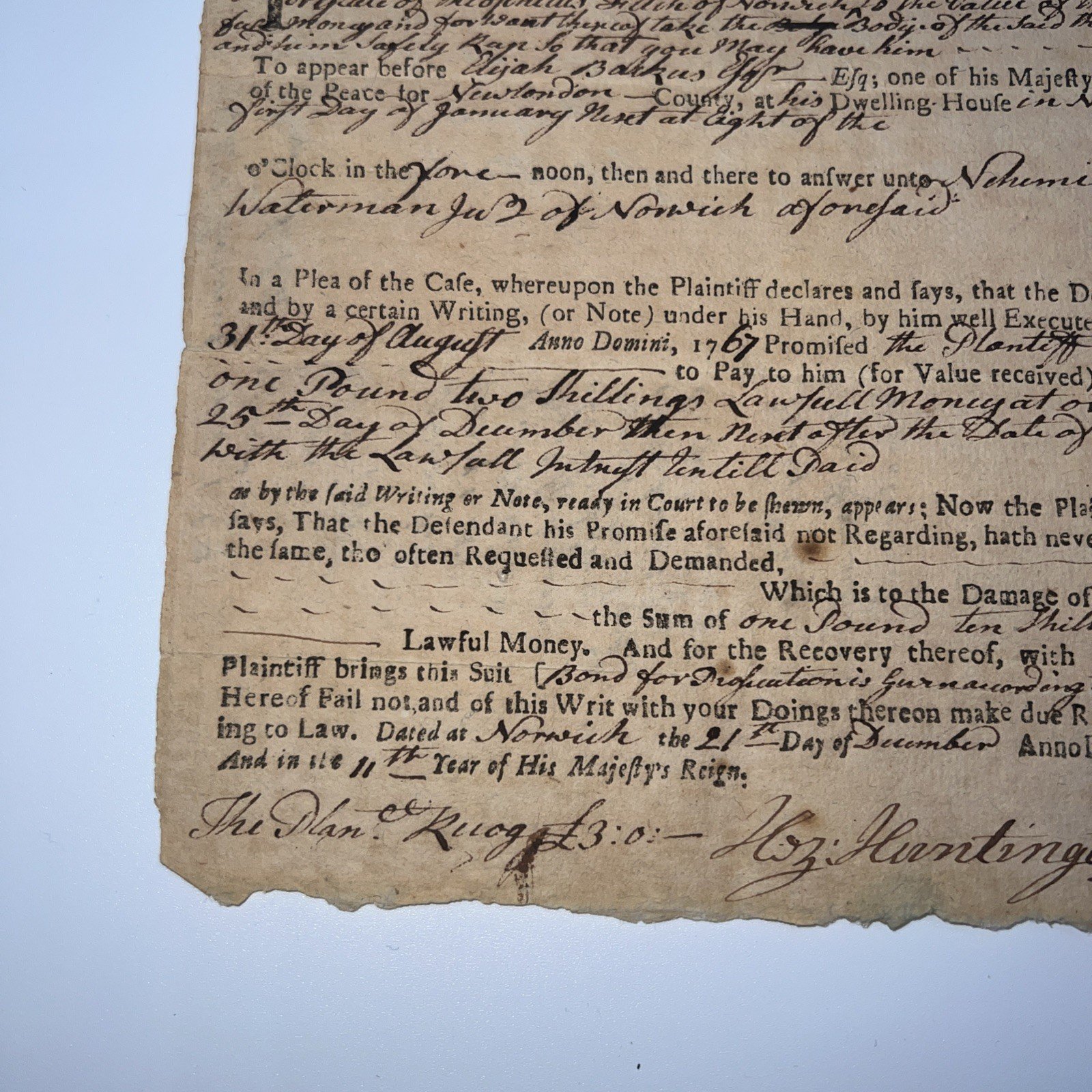 1770 Colonial Norwich CT Court Writ Waterman v Fitch Signed # 1051 photo 4