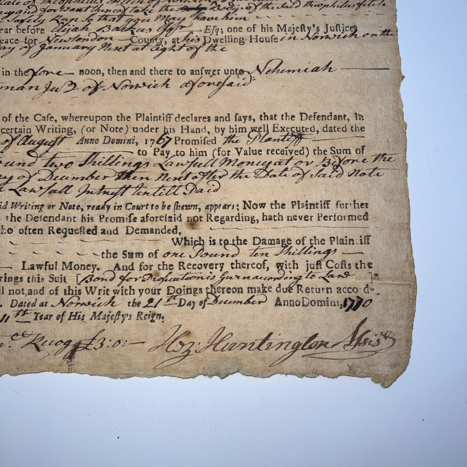 1770 Colonial Norwich CT Court Writ Waterman v Fitch Signed # 1051 photo 5