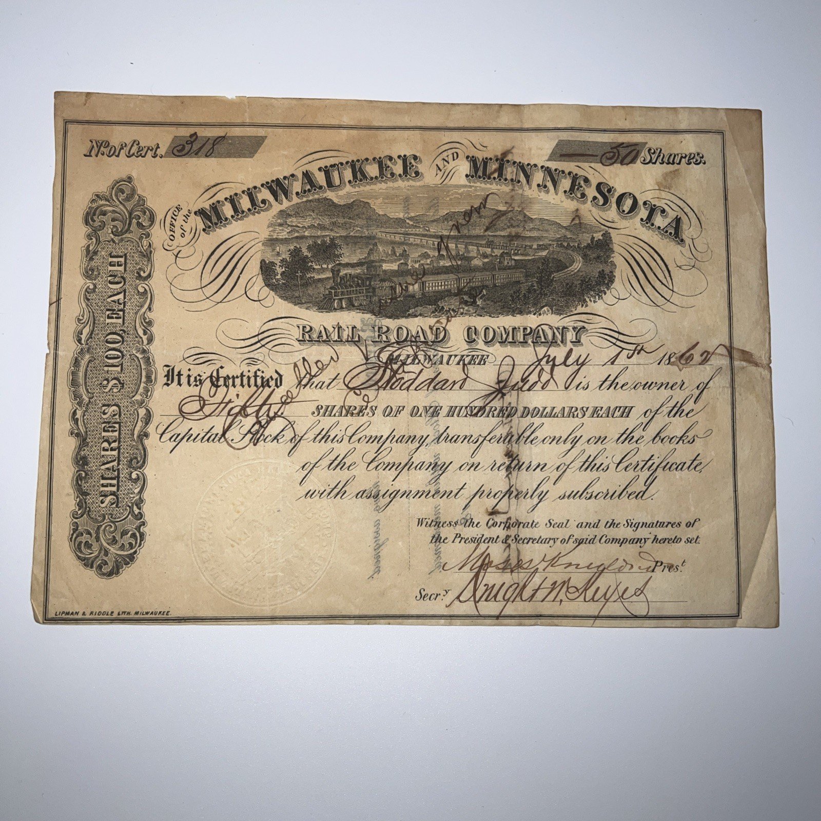 1867 Minnesota & Missouri Railroad Co Stock Certificate 50 Shares Signed # 1052