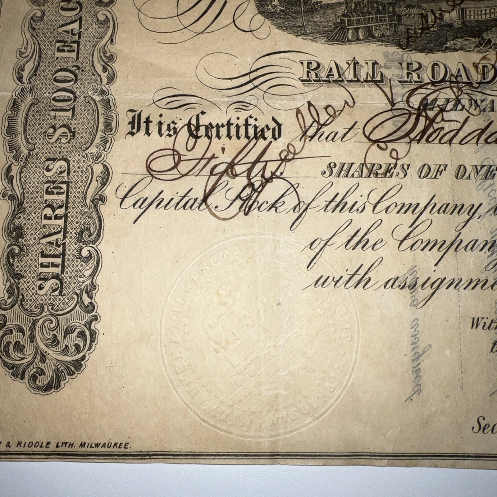 1867 Minnesota & Missouri Railroad Co Stock Certificate 50 Shares Signed # 1052 photo 2