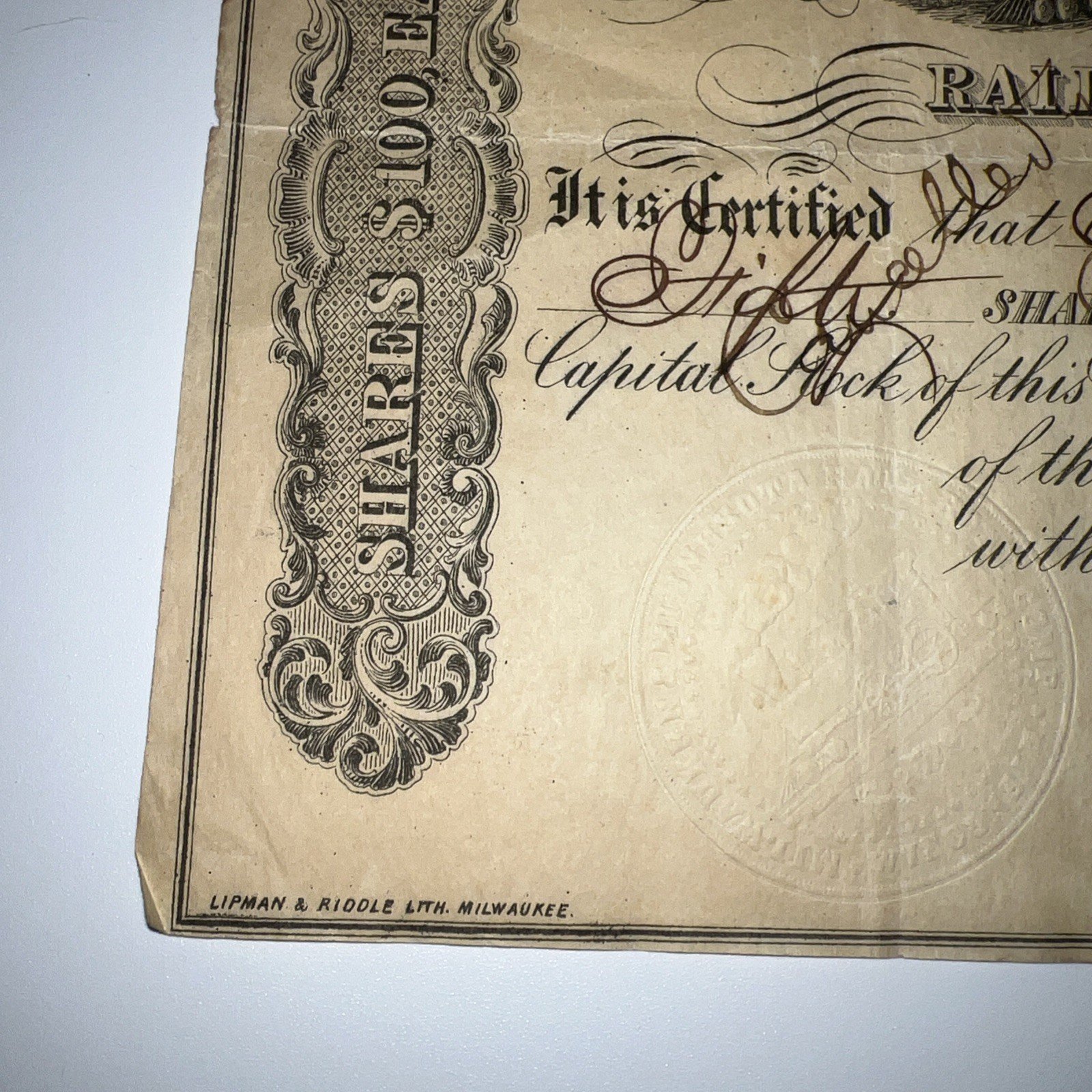 1867 Minnesota & Missouri Railroad Co Stock Certificate 50 Shares Signed # 1052 photo 3