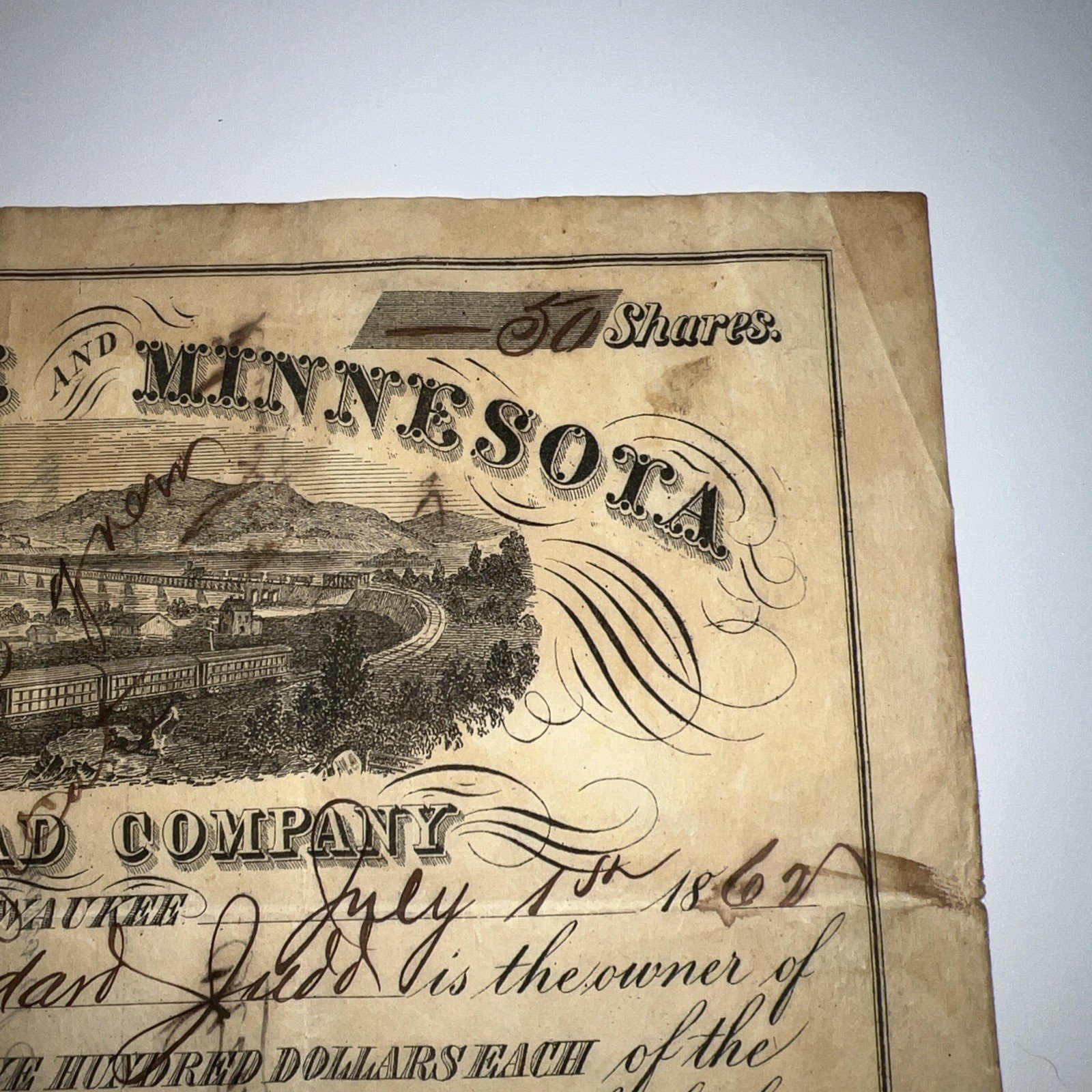 1867 Minnesota & Missouri Railroad Co Stock Certificate 50 Shares Signed # 1052 photo 4