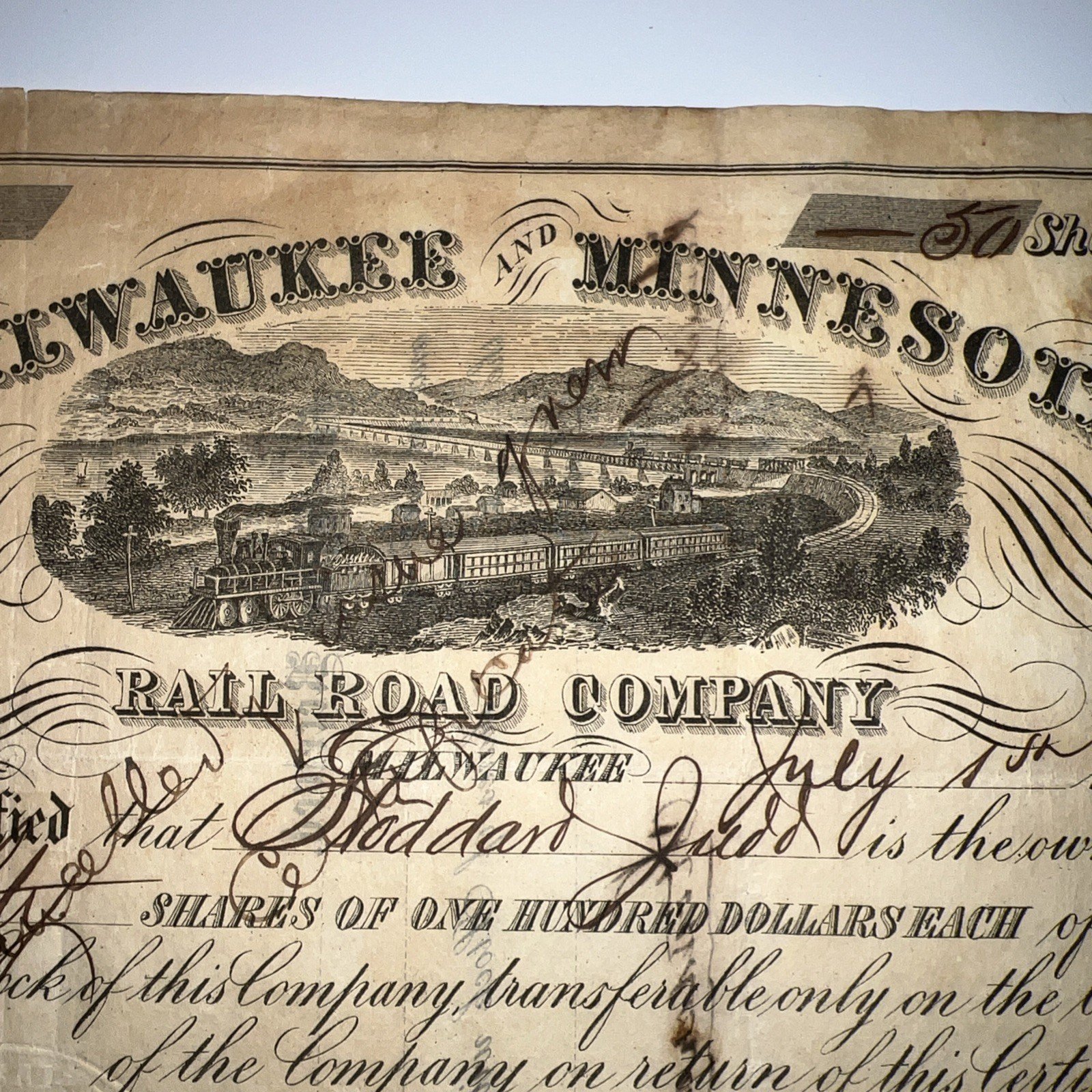 1867 Minnesota & Missouri Railroad Co Stock Certificate 50 Shares Signed # 1052 photo 5