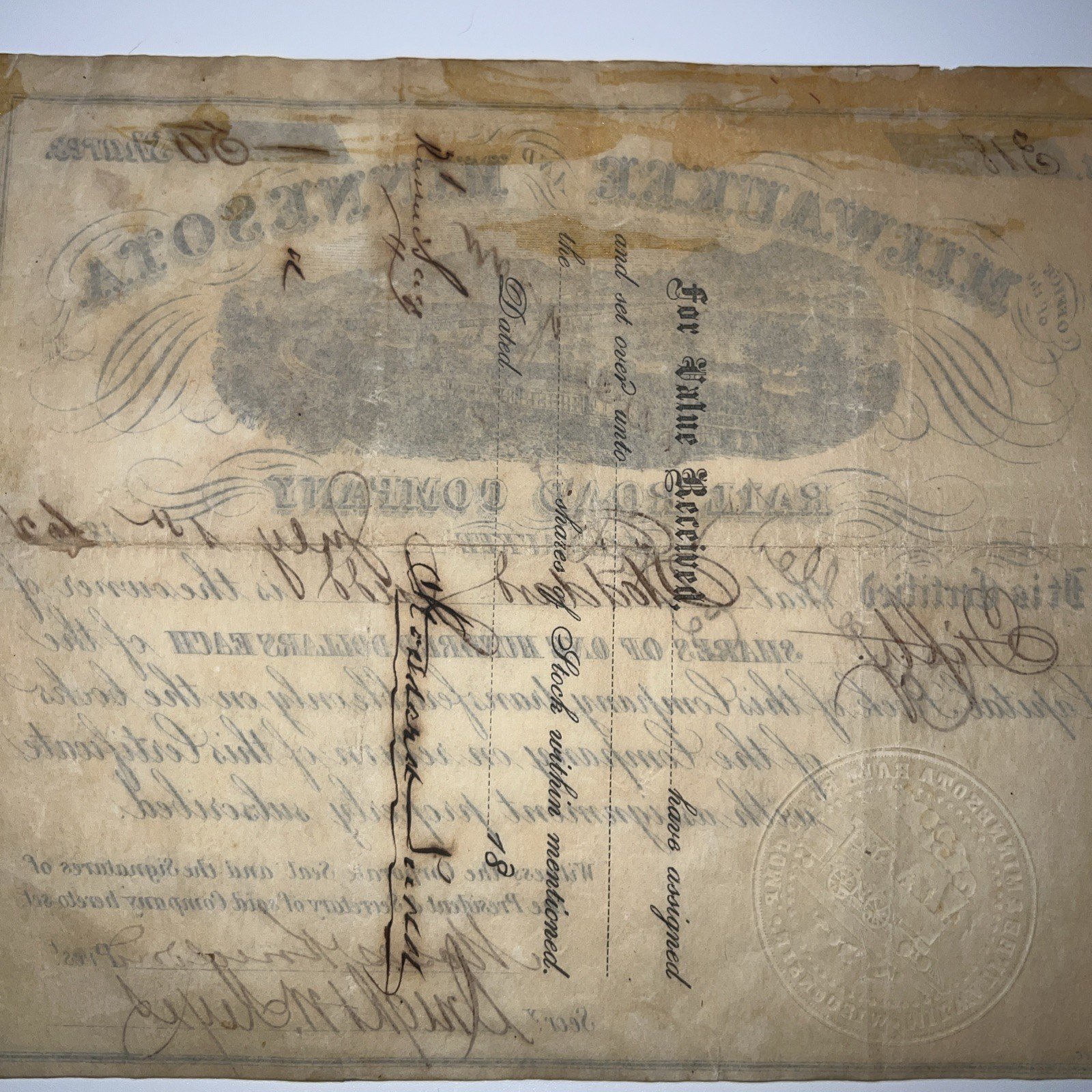 1867 Minnesota & Missouri Railroad Co Stock Certificate 50 Shares Signed # 1052 photo 7