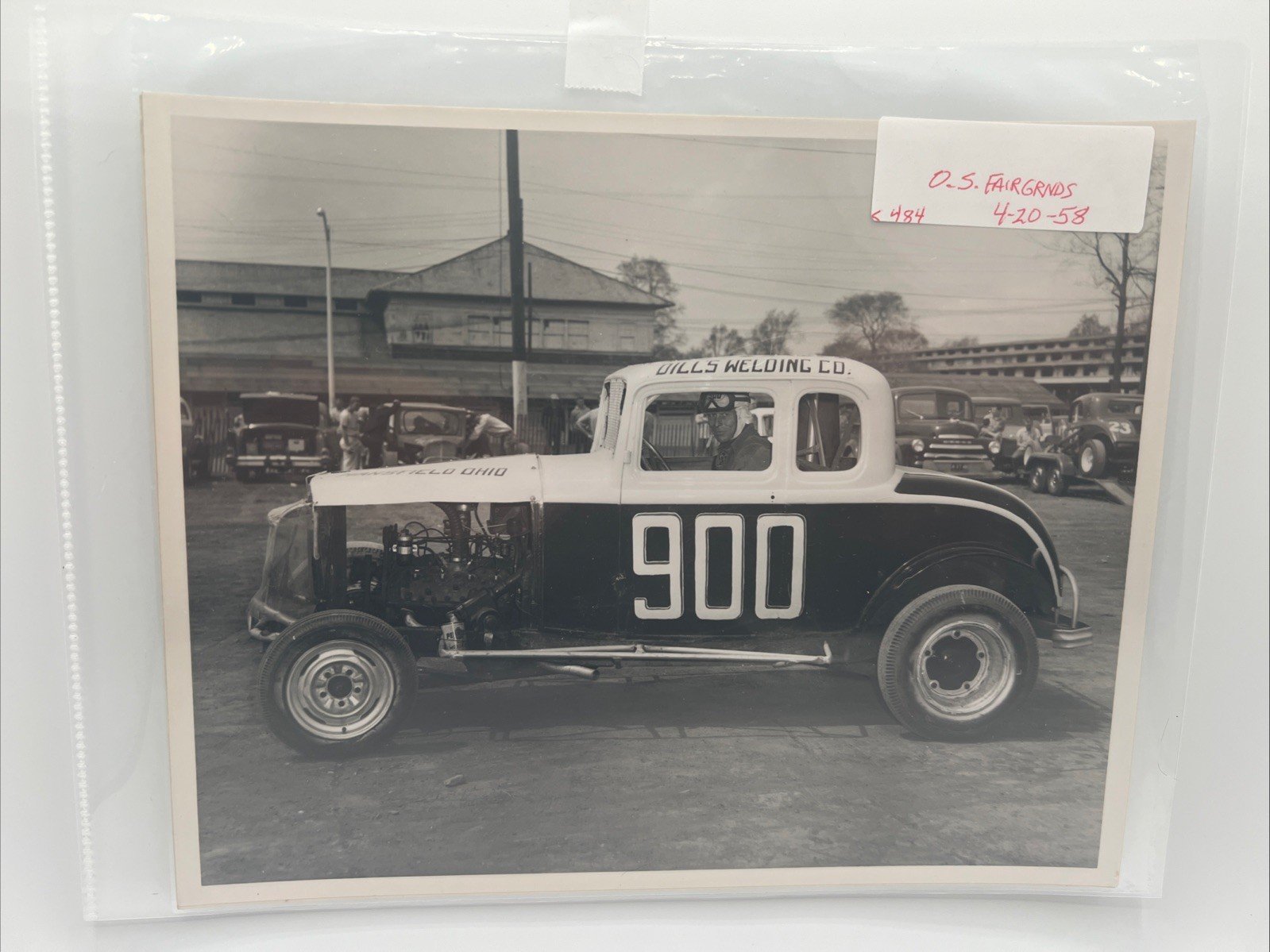 1958 O.S. Fairgrounds Dirt Track Race Car #900 Mills Welding Press Photo #  1055