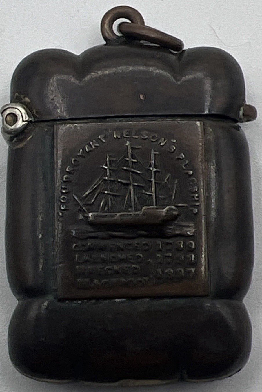 Antique HMS Foudroyant Nelson’s Flagship Vesta Match Safe w/ Maker Mark # 1069 photo 7