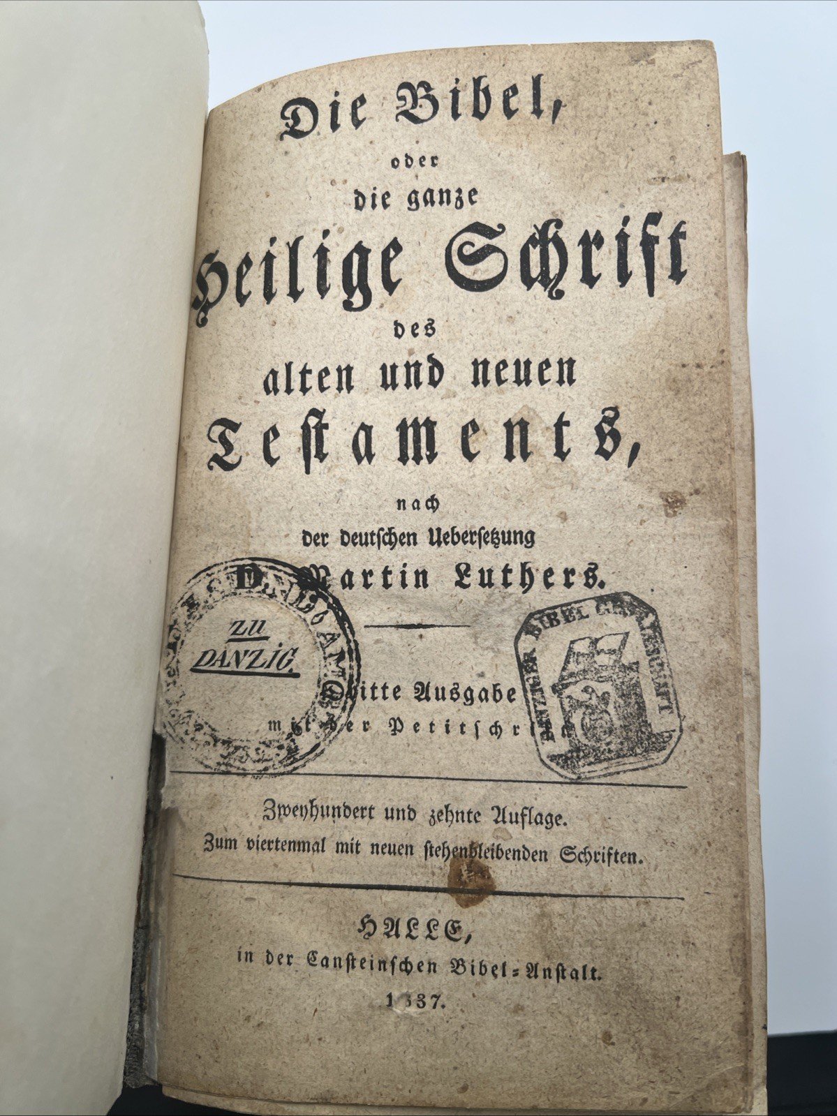 1837 German Martin Luther Bible Halle Rebound Antique Religious Book # 1070