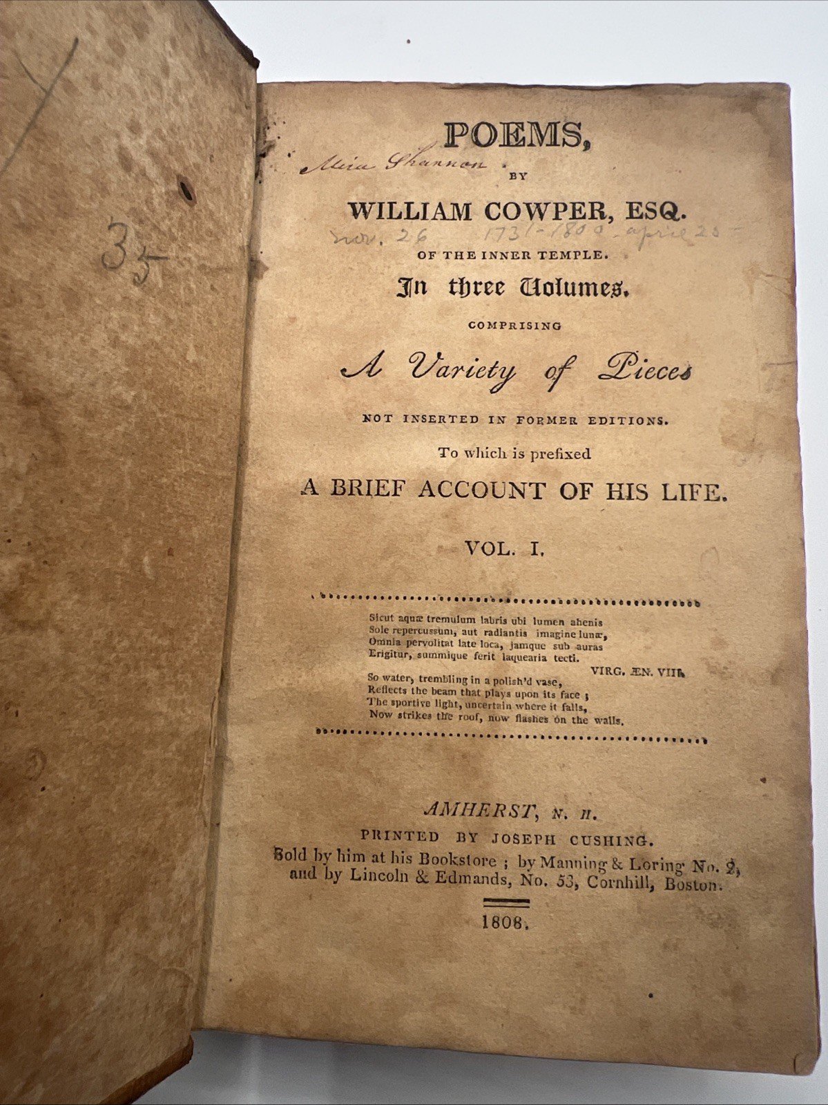 1808 William Cowper Poems Vol I Amherst NH Early American Leather Bound # 1077