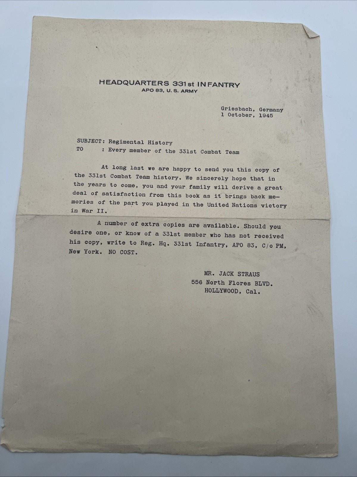 1945 WWII 331st Infantry Combat Team History Cover Letter Germany # 1087