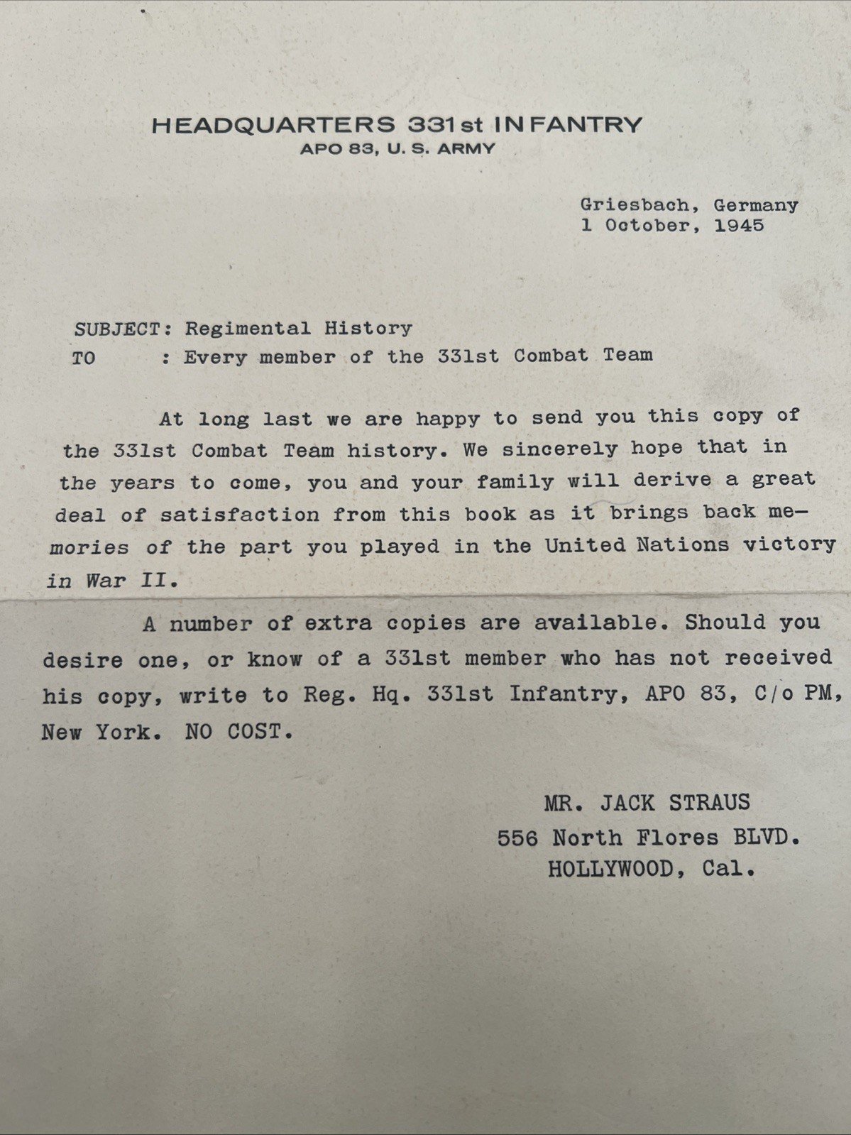 1945 WWII 331st Infantry Combat Team History Cover Letter Germany # 1087 photo 2