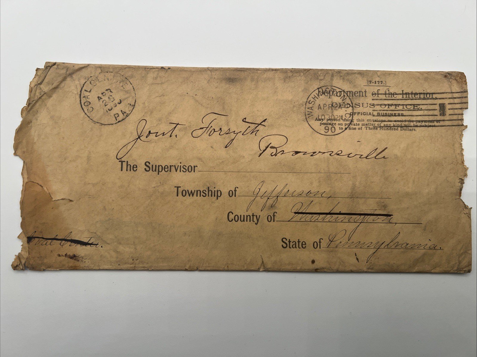 Rare 1890 U.S. Census Office Cover Coal Center PA # 1088