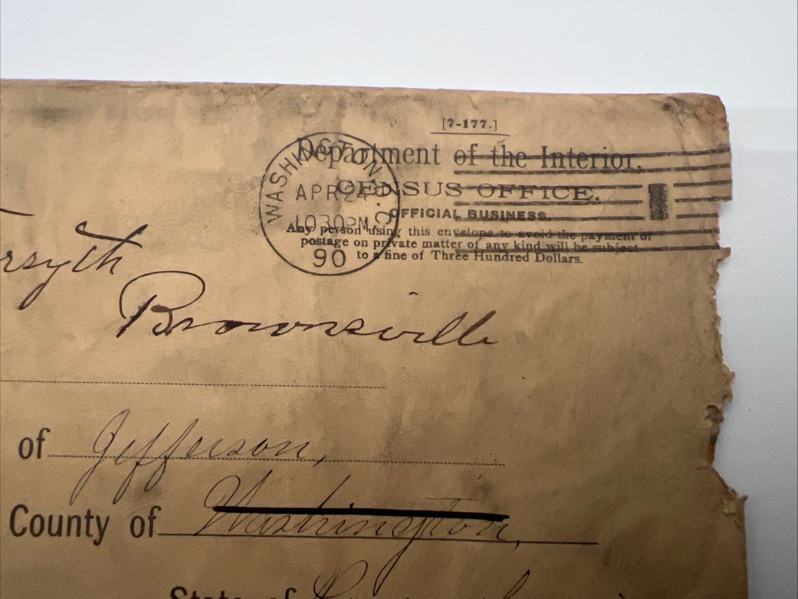 Rare 1890 U.S. Census Office Cover Coal Center PA # 1088 photo 3